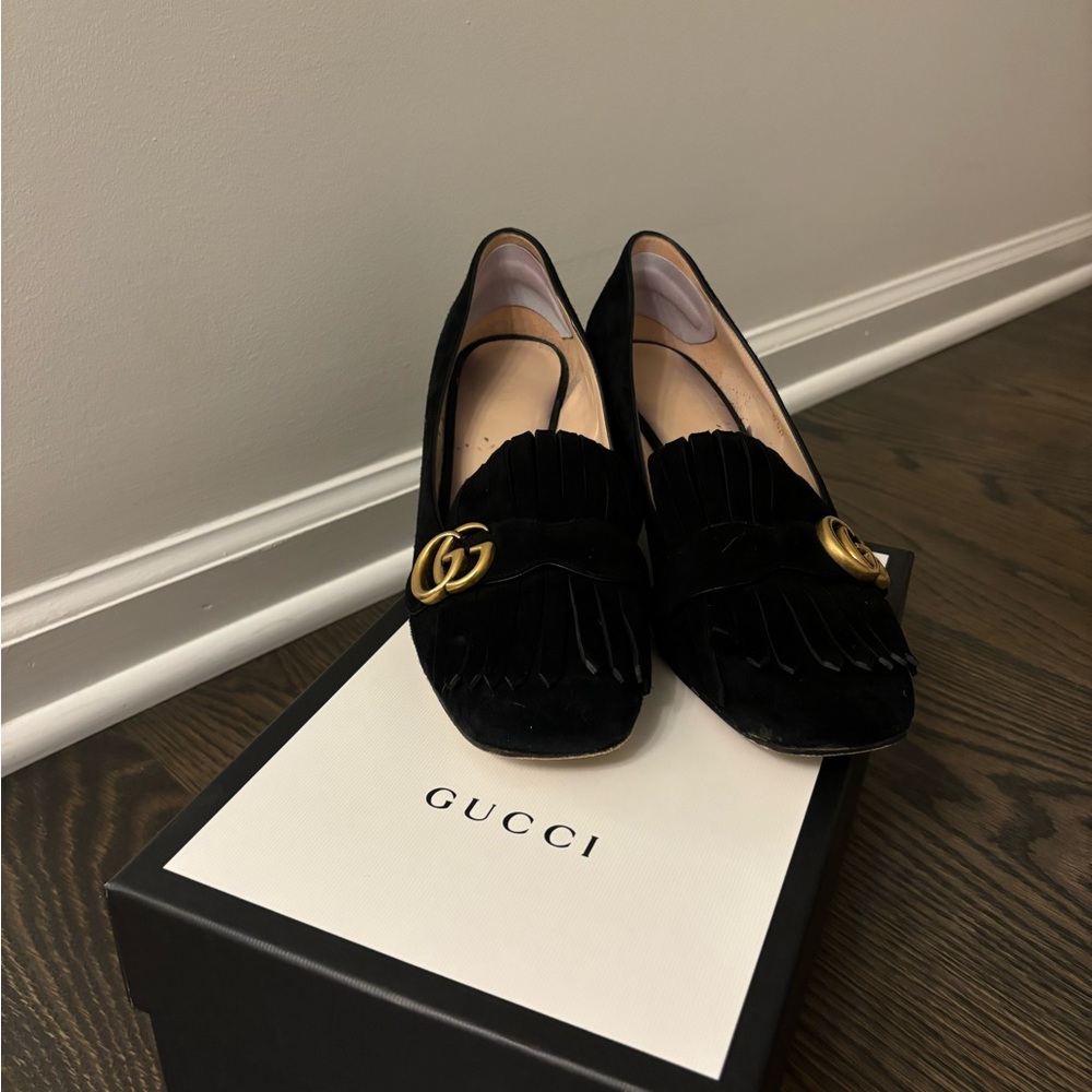 Gucci Black Wedges with Gold Detail